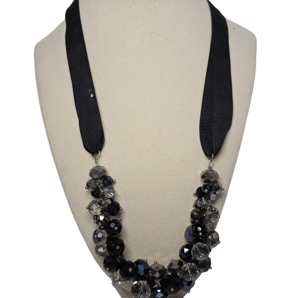 Vintage Ali Khan New York Black Crystal Beaded Ribbon Necklace Statement